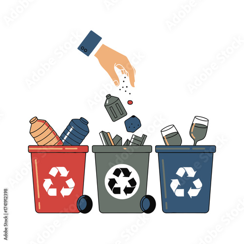 Hand sorting materials into recycling bins, material sorting