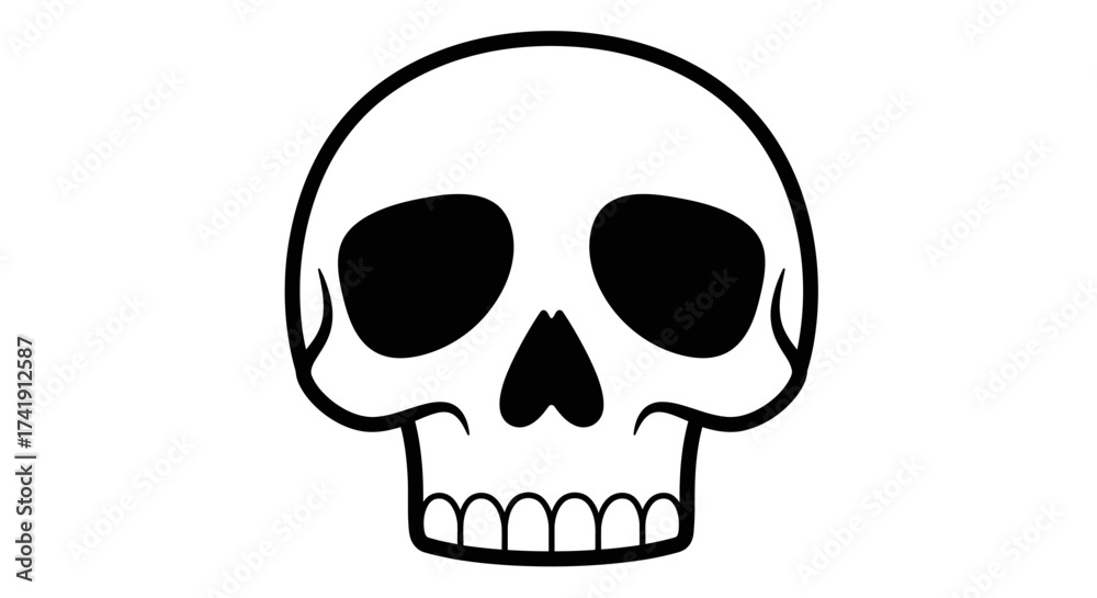 Fototapeta premium Hand-drawn style outline skull with black eye sockets and grinning teeth a simple monochromatic graphic element for design concepts isolated on white background