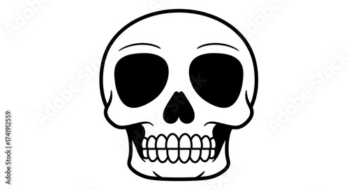 Classic cartoon skull design with open mouth and detailed teeth for halloween or horror themes simple outline graphic isolated on white background