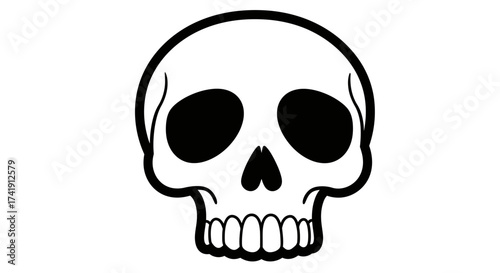 Simple hand drawn skull icon with black eye sockets and teeth isolated on white for graphic design and halloween themed projects isolated on white background