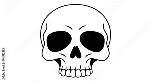 Classic human skull front view artistic outline drawing with empty eye sockets and teeth for halloween and spooky themes isolated on white background