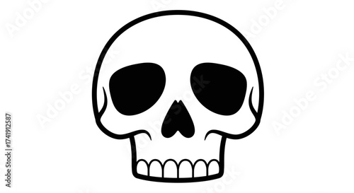 Hand-drawn style outline skull with black eye sockets and grinning teeth a simple monochromatic graphic element for design concepts isolated on white background