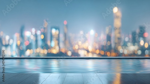 Wallpaper Mural Blurred modern city skyline background, futuristic skyscrapers, rooftop pool in soft focus, neon lights glowing, dreamy urban blur effect, wide blank copy space for text overlay, stylish travel. Torontodigital.ca