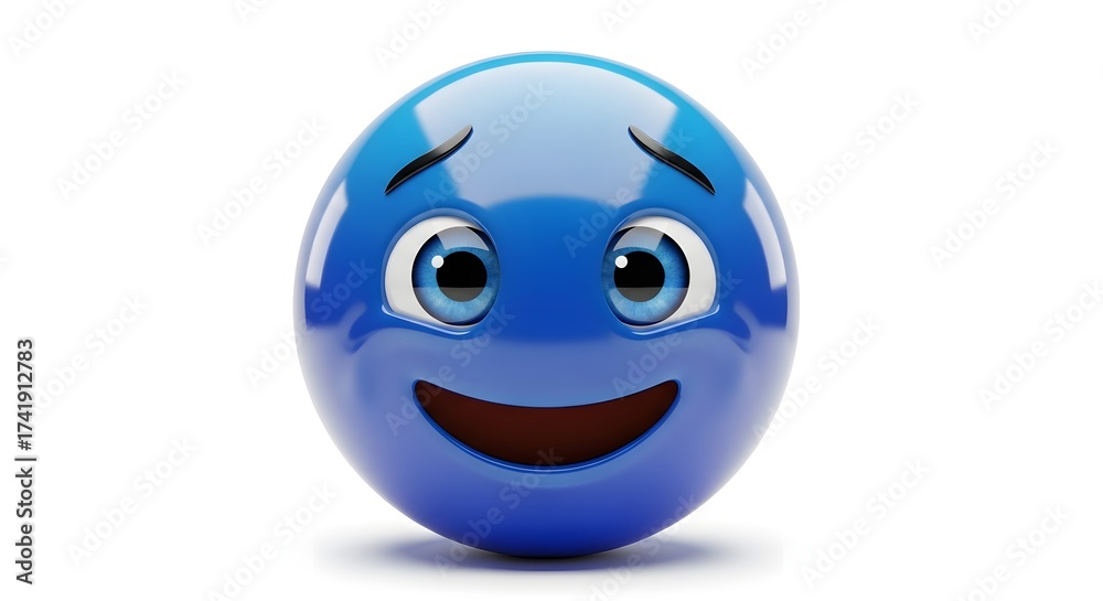 Fototapeta premium A happy blue emoji isolated on white background with upturned mouth and eyebrows