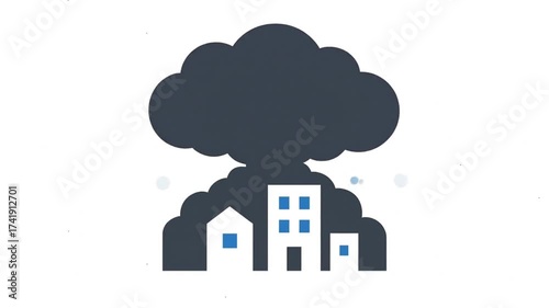 Large explosion cloud over city animation icon.