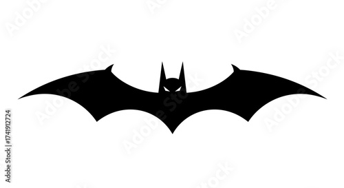 Iconic black bat silhouette emblem symbol flying across with wings spread open facing forward isolated on white background