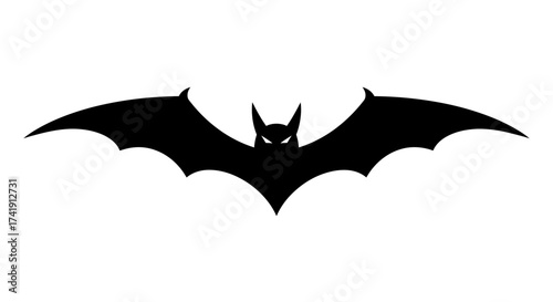 Silhouette of a black bat with spread wings and glowing eyes in a frontal view perfect for halloween and spooky themes isolated on white background