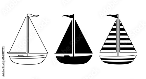 Set of three stylized sailboats with flags nautical maritime travel adventure marine ocean sea water transportation simple outline filled patterned isolated on white background