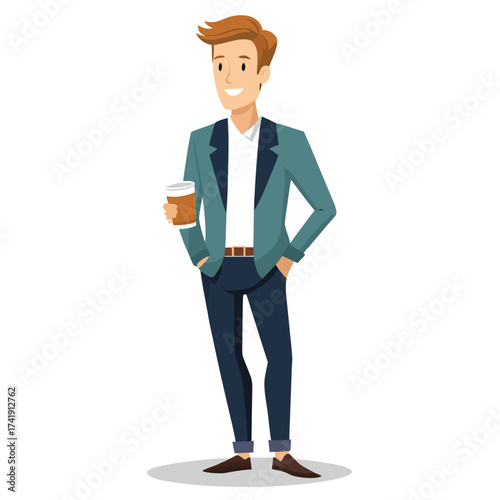 Man in business casual holding a coffee cup, taking a break, relaxing, or starting his workday with a hot drink.