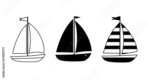 Three hand drawn sailing boats with different sail patterns representing maritime travel and nautical adventures on a white surface isolated on white background
