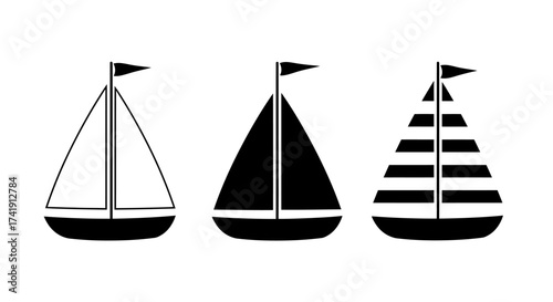 Three distinct sailboat silhouettes featuring outline solid fill and striped designs ideal for nautical themes isolated on white background