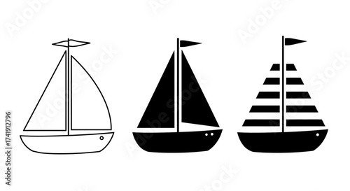 Three distinct sailboat designs showcasing nautical themes minimalist line art and silhouette variations for maritime projects isolated on white background
