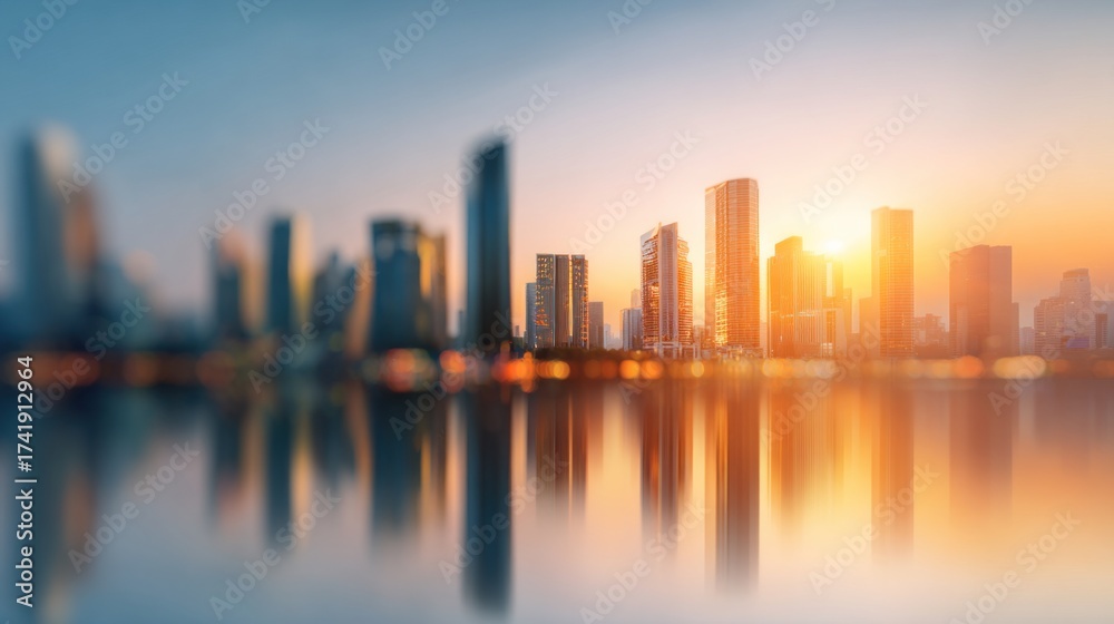 Fototapeta premium Blurred modern financial district skyline background, tall glass skyscrapers, golden sunset glow reflecting, dreamy haze effect, smooth blur, large blank copy space for promotional text, professional.