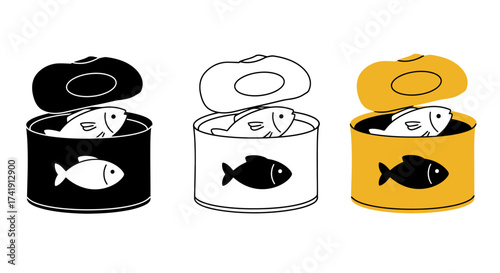 Three open cans of fish in various styles isolated on seafood preserved food collection representing nutrition and culinary delights isolated on white background