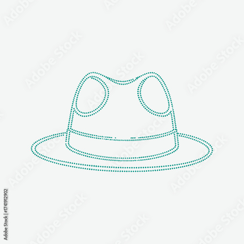 Stylized dotted outline of a classic fedora hat with a wide brim and creased crown, minimalist design on a light