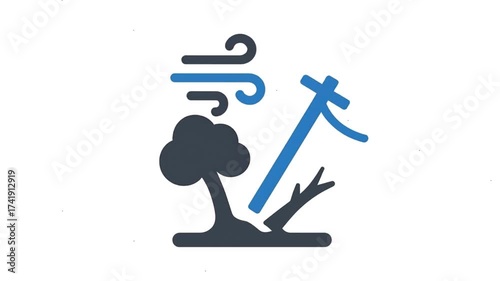 Wind storm damaging trees and power lines animation icon.