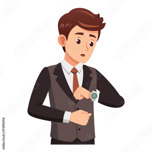 Impatient man in formal attire checking his wristwatch, showing urgency, deadline pressure, and a busy schedule.