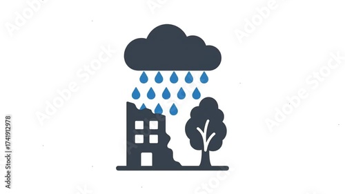 Heavy rain storm in a city animation icon.