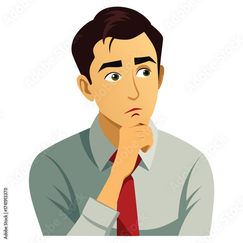 Man in a shirt and tie thinking deeply with his hand on his chin, contemplating an idea or professional problem.