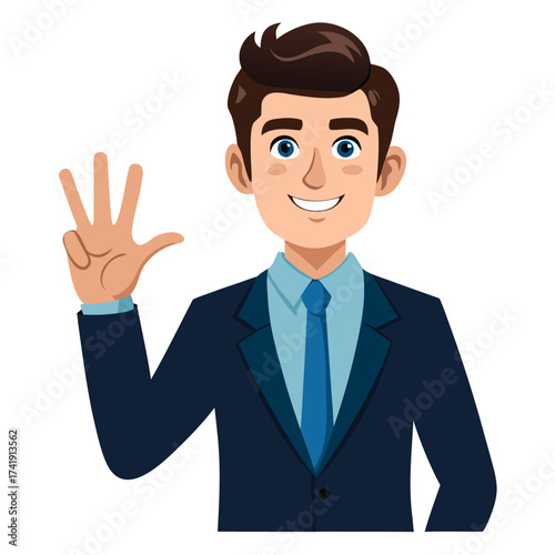 Professional man in a suit showing three fingers, indicating a count, option, or specific piece of information.