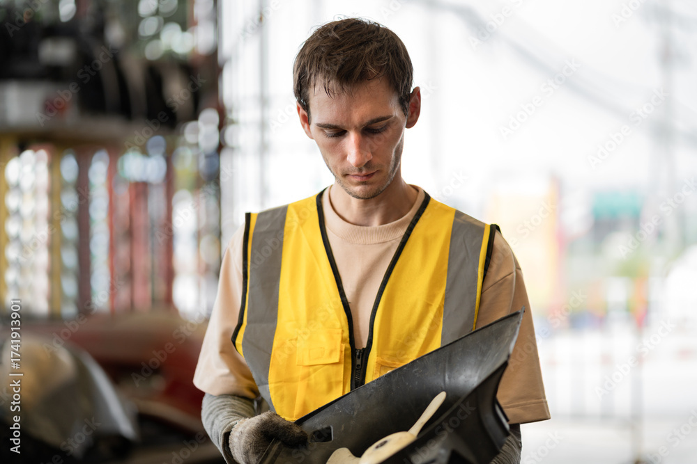 Obraz premium Caucasian technician checking Auto part at car part warehouse