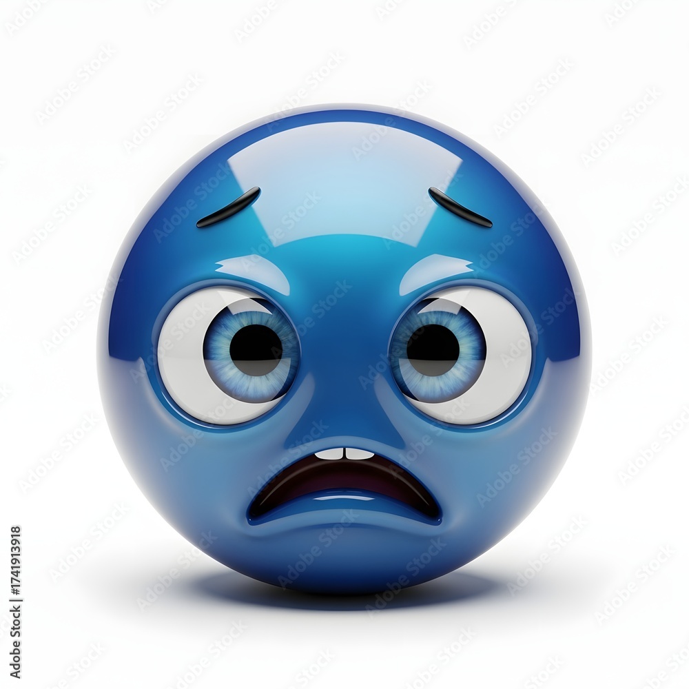 Fototapeta premium Sad blue emoji with wide eyes isolated on white background conveys disappointment
