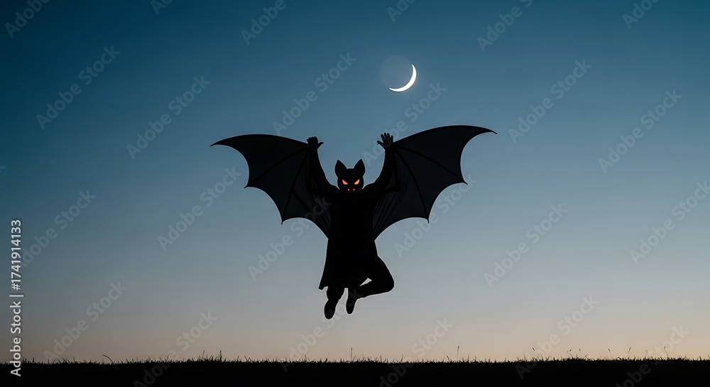 Fototapeta premium Silhouette of a person in a bat costume jumping against a twilight sky with a crescent moon