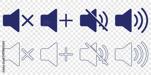 sound on off icons vector in line style . sound volume and mute icon. Volume allow and volume prohibit icon set. Sound and Mute. Volumes icon set. Speaker icon vector illustration. volume sign and ico
