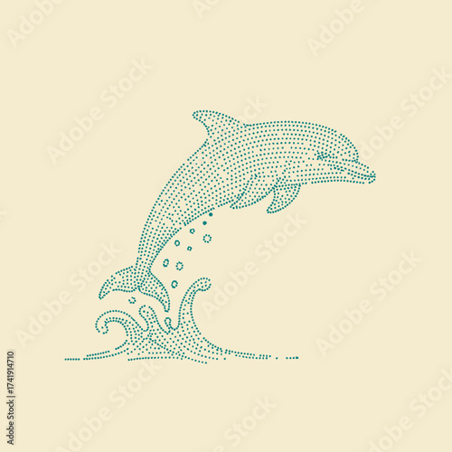 Stylized dolphin leaping out of water with splash effect in a minimalist dotted line art style on a light