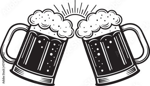 Two Clinking Beer Mugs Black Vector Illustration

