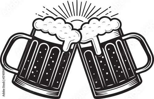 Two Clinking Beer Mugs Black Vector Illustration
