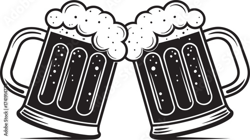 Two Clinking Beer Mugs Black Vector Illustration
