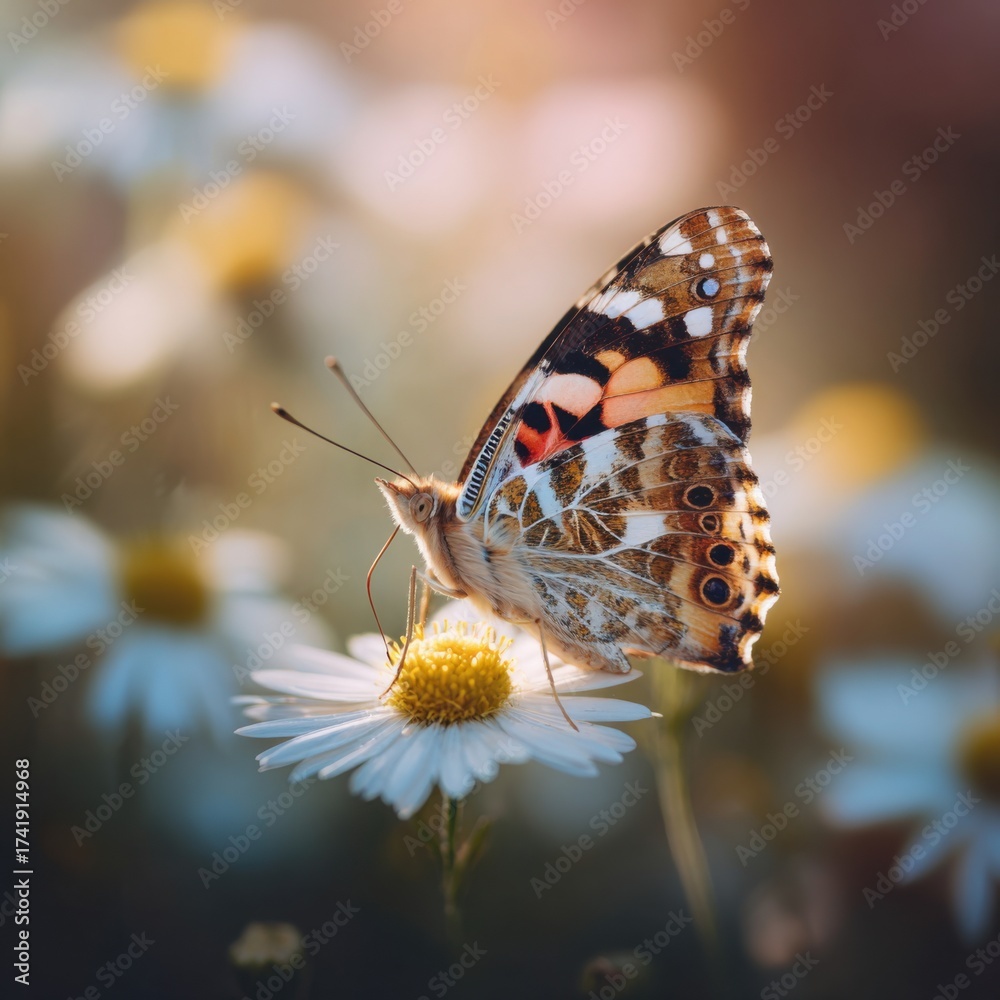 Fototapeta premium Vibrant Macro Photography of Butterfly and Daisy: A Close-Up Look at Nature's Colors and Beauty in Spring and Summer Gardens, Pollination, Ecosystem Harmony, and Delicate Wildlife Transformation