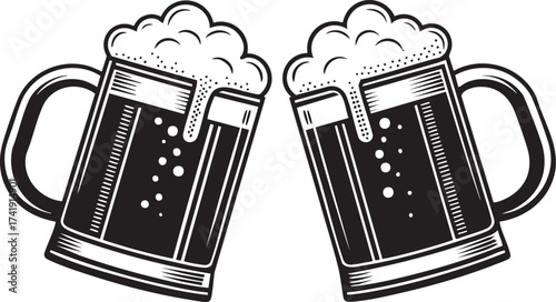 Two Clinking Beer Mugs Black Vector Illustration
