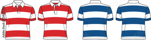 CAD drawing flat vector, rugby polo shirt design, front and back view, red and blue striped jersey fashion illustration template