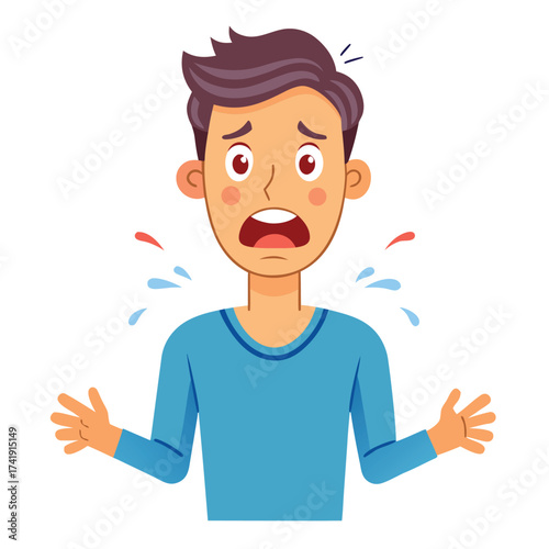 Nervous male sweating and looking very stressed, showing anxiety, fear, and feeling intense pressure.