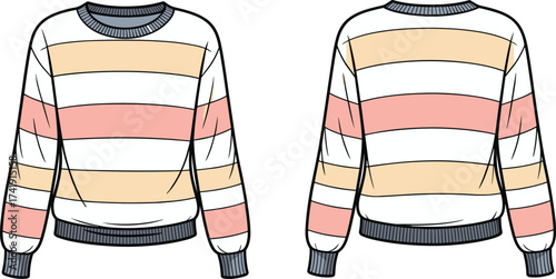 CAD drawing flat vector, striped sweatshirt front and back view, pastel color pullover design, fashion technical sketch illustration template