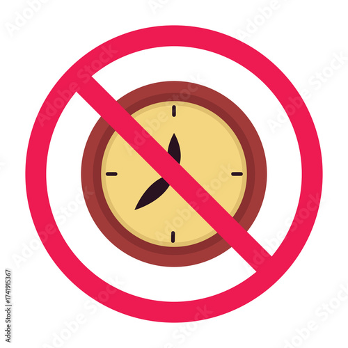 Forbidden sign with wall clock icon, no clock allowed sign, clock prohibition sign, there is no time, red crossed circle symbol, flat vector illustration
