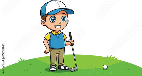 Cute cartoon boy playing golf holding club on green field, happy kid golfer character illustration, outdoor sports fun design art