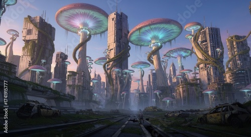 Wallpaper Mural Ethereal Bioluminescent Mushroom Cityscape at Twilight, Futuristic Organic Architecture. Torontodigital.ca