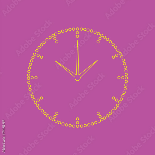 Minimalist yellow outline clock with dotted circle on purple showing time at 11:55