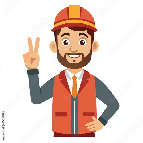 Cheerful professional worker showing a peace sign hand gesture, expressing optimism, friendliness, and success.
