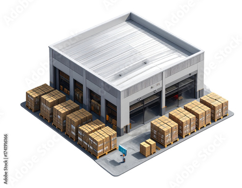 Compact Distribution Warehouse with Cargo Pallets and Boxes, Top-Down 3D Layout, Transparent
