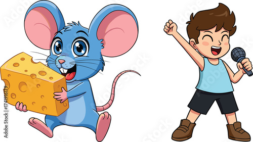 Cute cartoon mouse holding cheese and happy boy singing with microphone, joyful friendship illustration, colorful kids character design, fun art