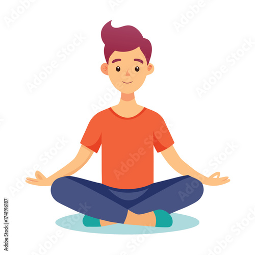 Calm and relaxed guy sitting cross-legged, meditating peacefully, practicing mindfulness and tranquility.