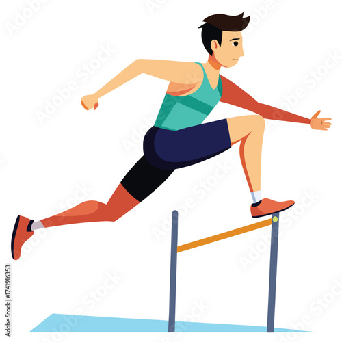 Focused sportsman doing a dynamic hurdle jump motion, showing skill, speed, and track and field athletic action.
