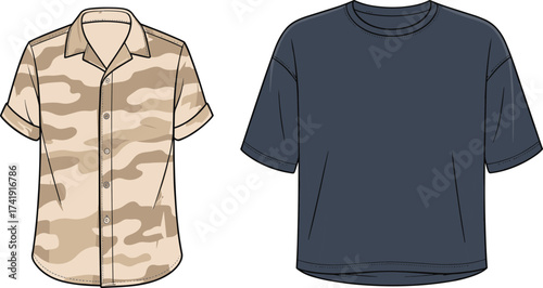 Men’s short sleeve shirt and t-shirt CAD drawing flat vector, fashion design template, casual clothing technical sketch, apparel mockup
