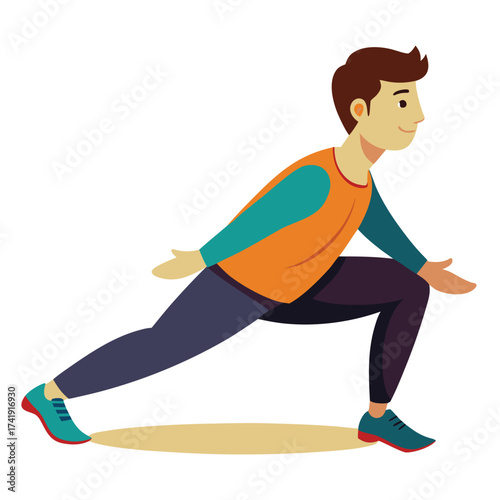 Handsome young guy doing a deep lunging stretch, focused on flexibility and warming up his lower body muscles.