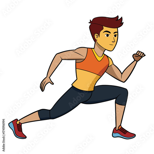 Focused young male athlete holding a runner's lunge position, stretching leg and back muscles before a run.