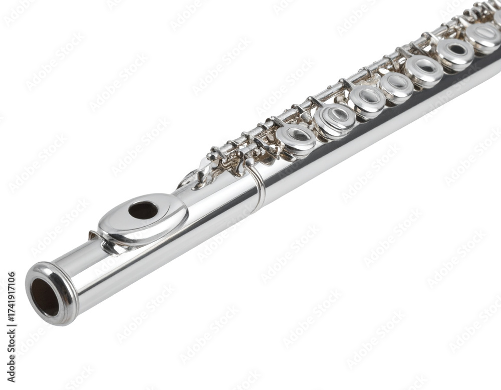 Fototapeta premium Angled View of Flute Showing Detailed Keys and Embouchure Hole, Isolated